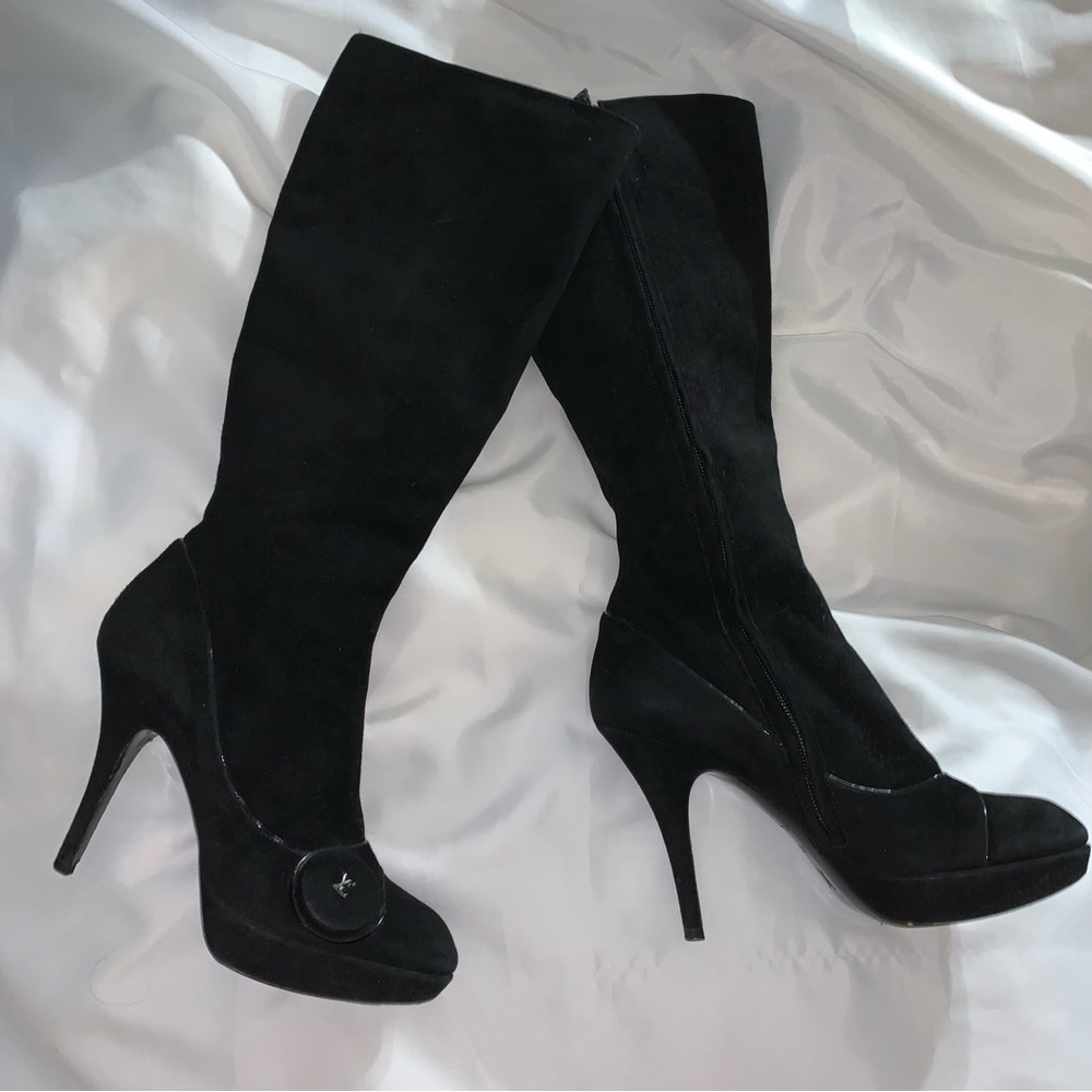LOUIS VUITTON size 37.5 black SUEDE platform stilleto BOOTS w/patent leather - Picture 11 of 12